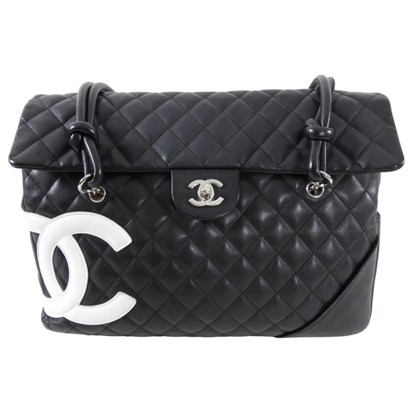 CHANEL Black Lambskin Leather Cambon Handbag Limited Edition White CC Logo RARE - Picture 5 of 16